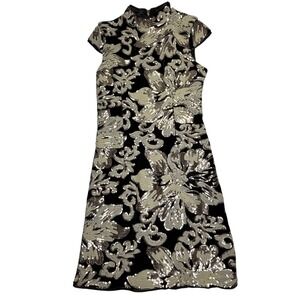 GUESS Velvet Sequin Floral Dress Black Gold Mini Bodycon Party Size‎ Medium